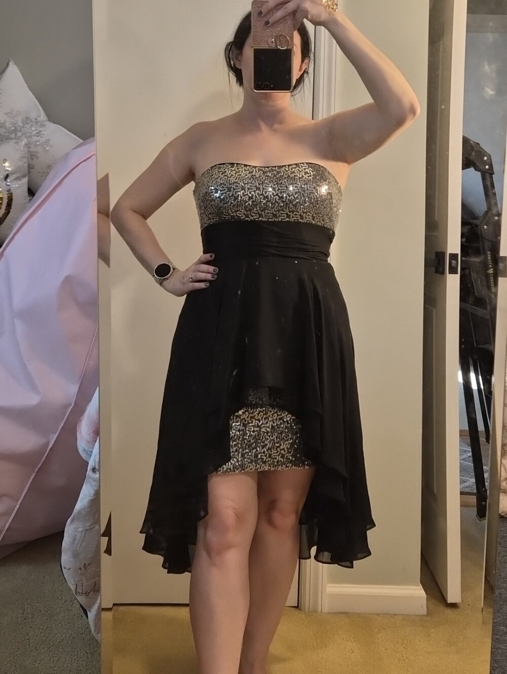 Hailey Logan Black and Silver Strapless High-Low Dress